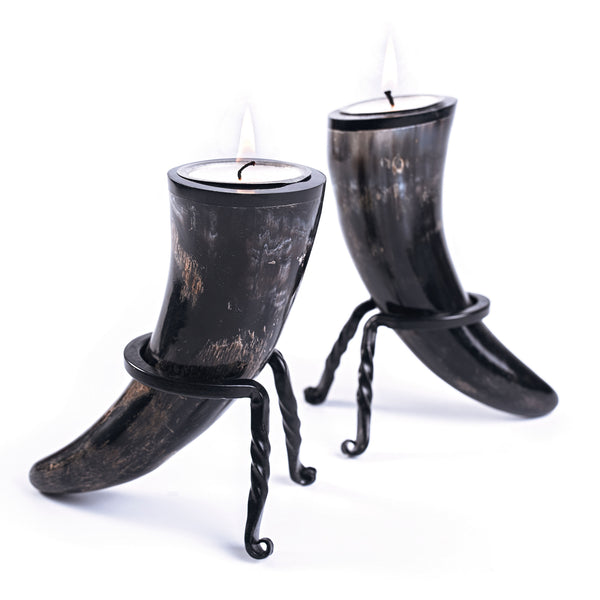 Viking Culture Horn Tealight Candle Holder Set with Wrought Iron