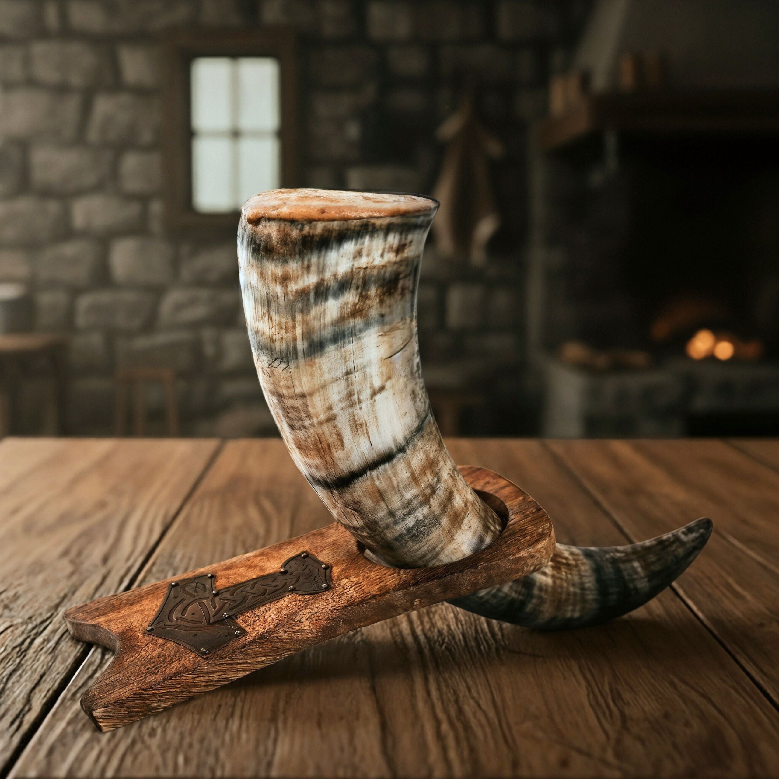 Genuine Viking Drinking Horn with Wooden Stand