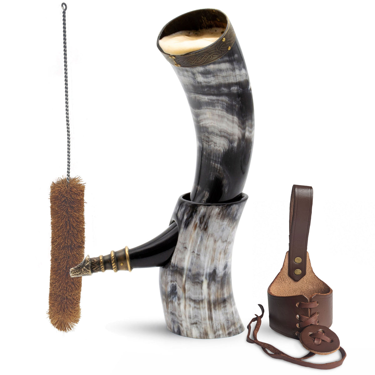 Curved Drinking Horn Bundle with Stand, Holster &amp; Cleaning Brush