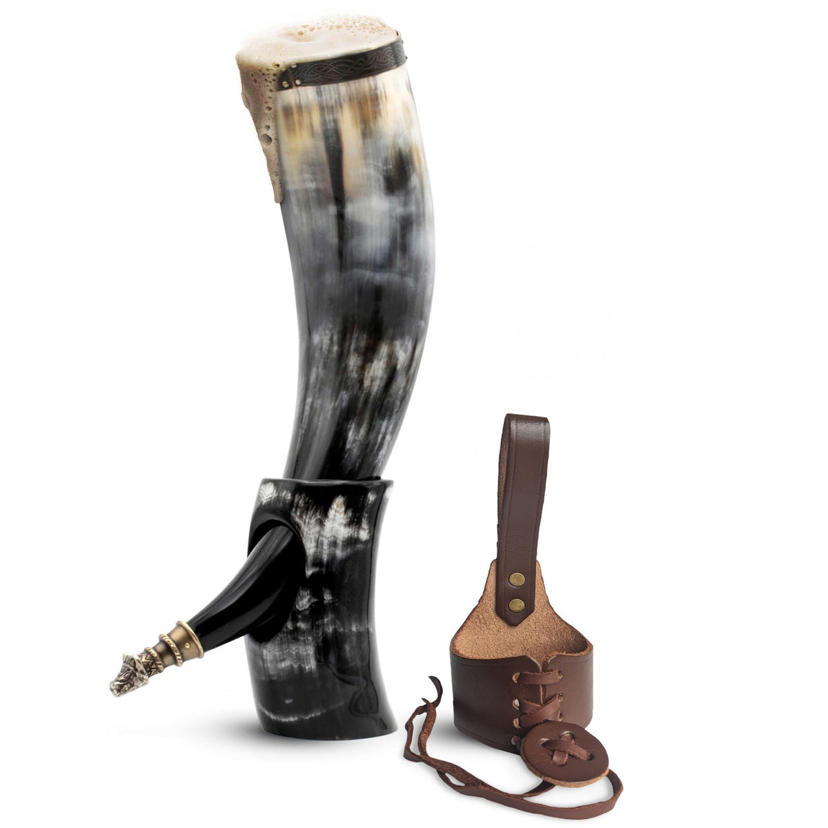 Curved Drinking Horn Bundle with Stand &amp; Holster