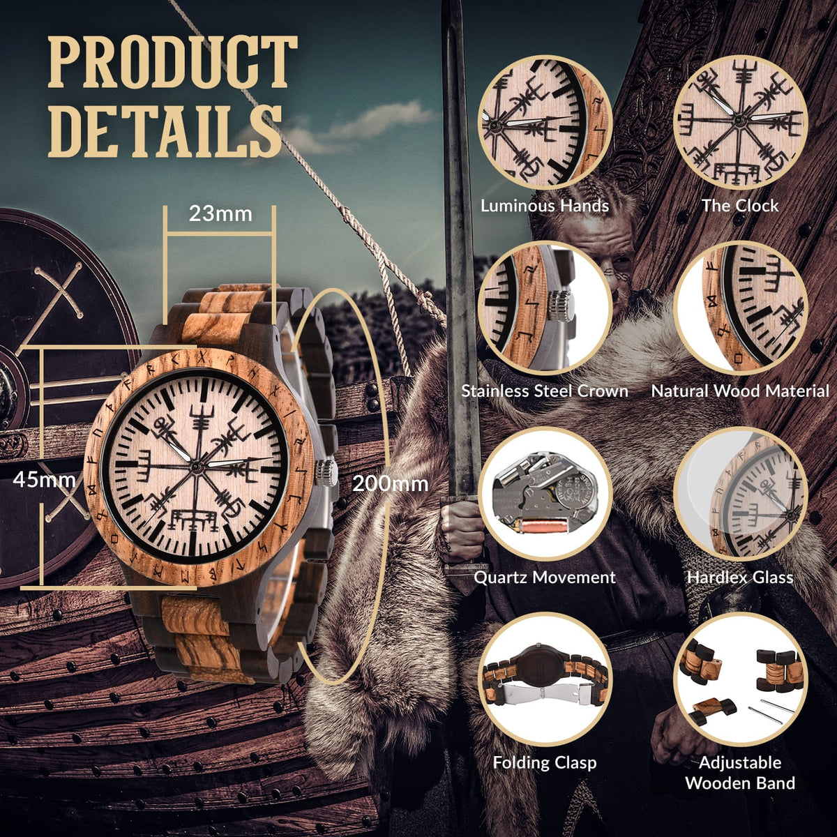 Personalized Viking Compass Vegvisir Handmade Wooden Watch