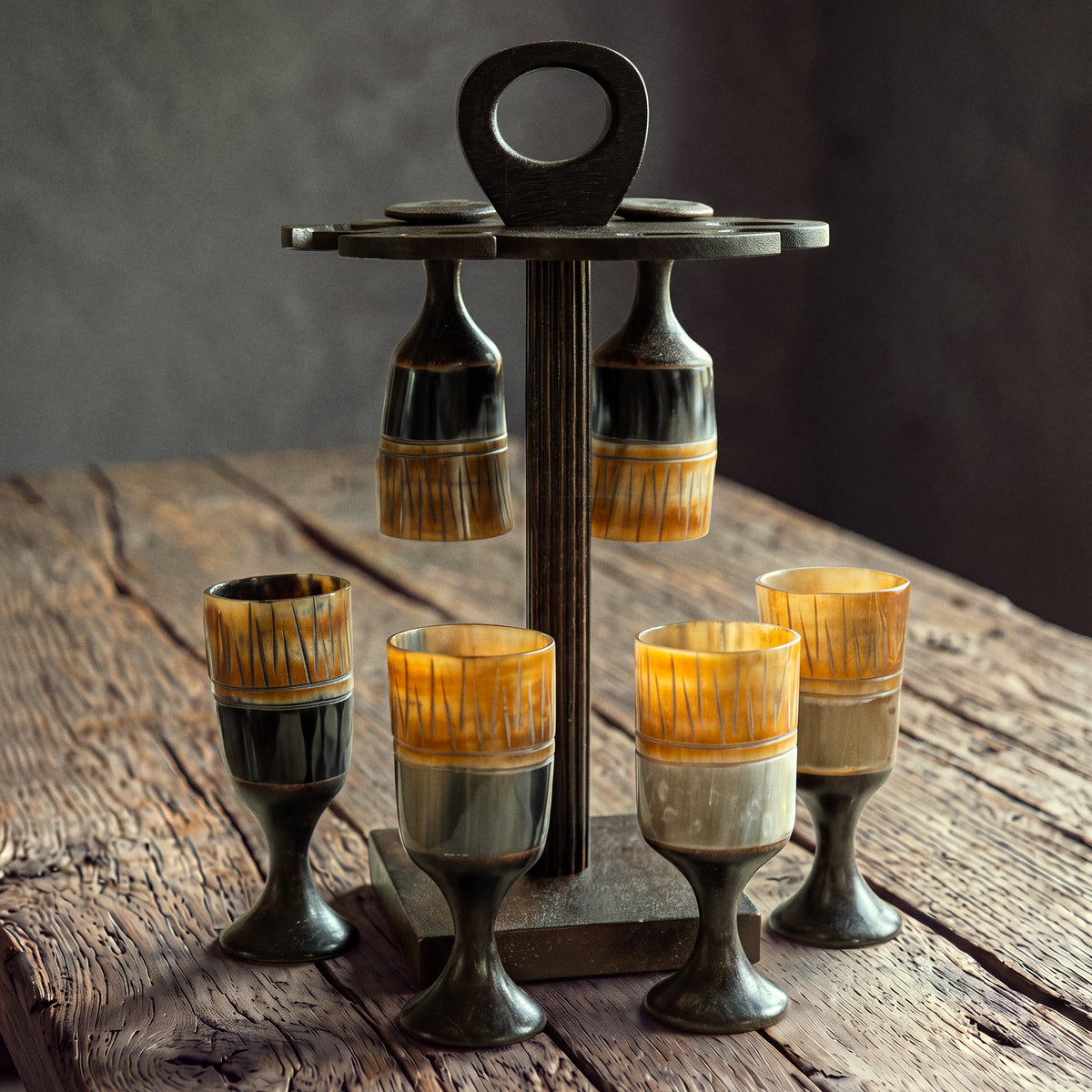 Viking Horn Goblet Set of 6 – Ox Horn Cups with Stand