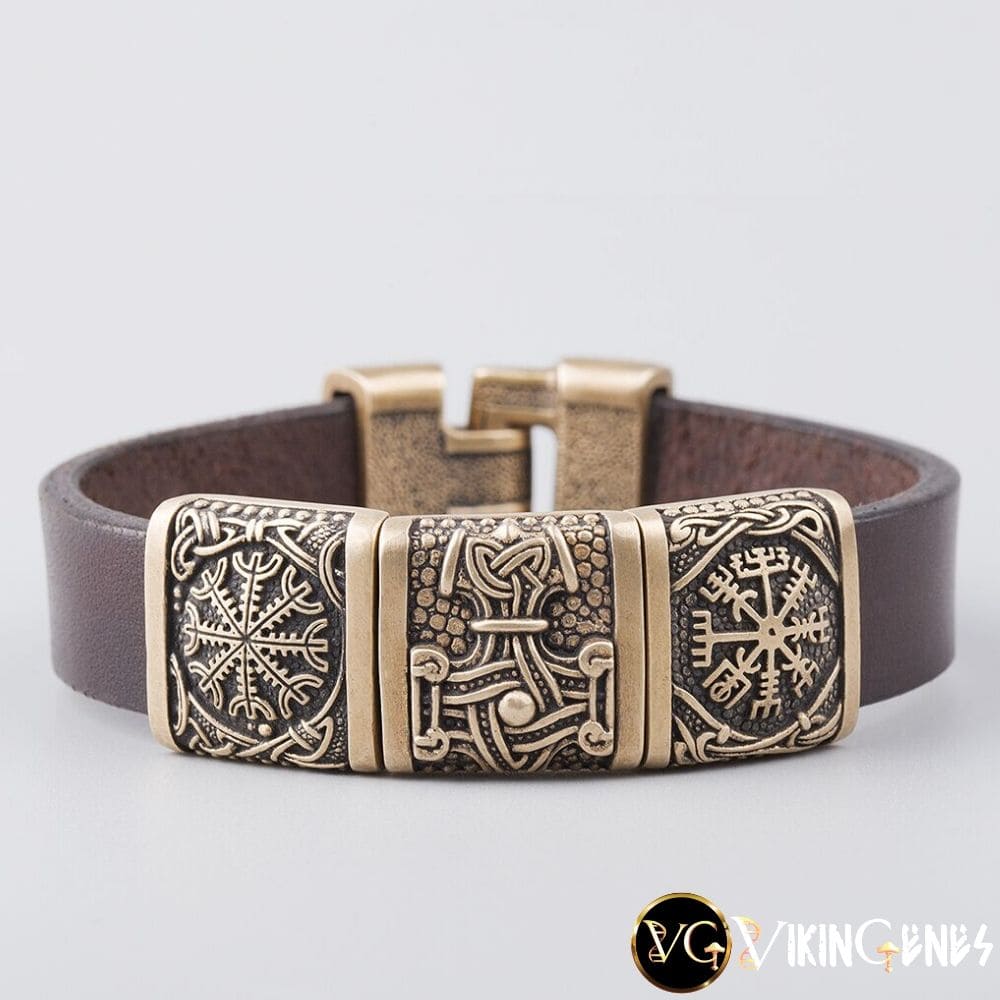 Viking Leather &amp; Bronze Helm of Awe - Mjolnir - Vegvisir bracelet