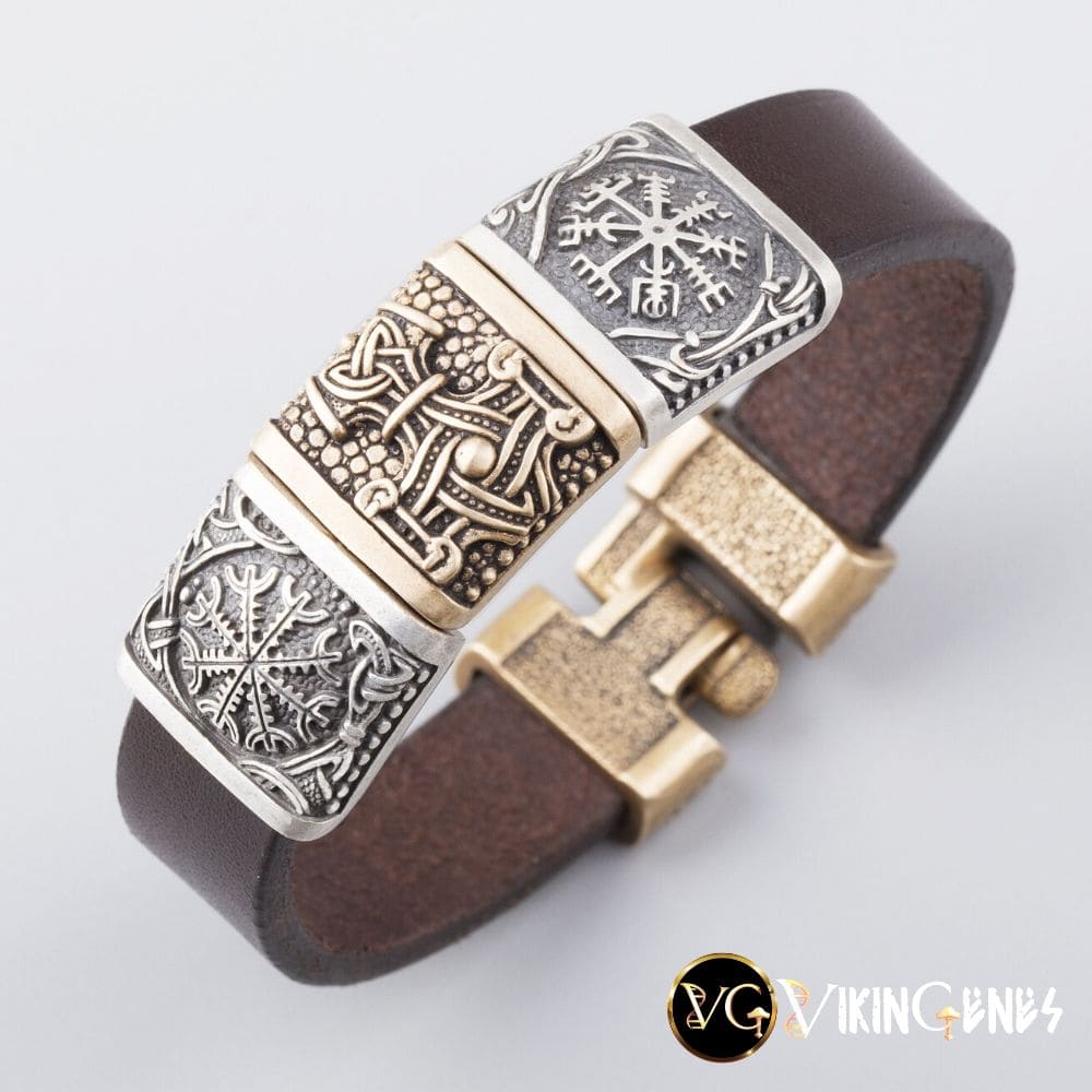 Viking Leather &amp; Bronze Helm of Awe - Mjolnir - Vegvisir bracelet