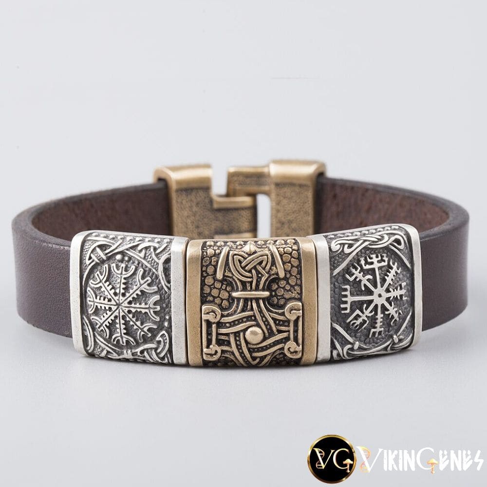 Viking Leather &amp; Bronze Helm of Awe - Mjolnir - Vegvisir bracelet