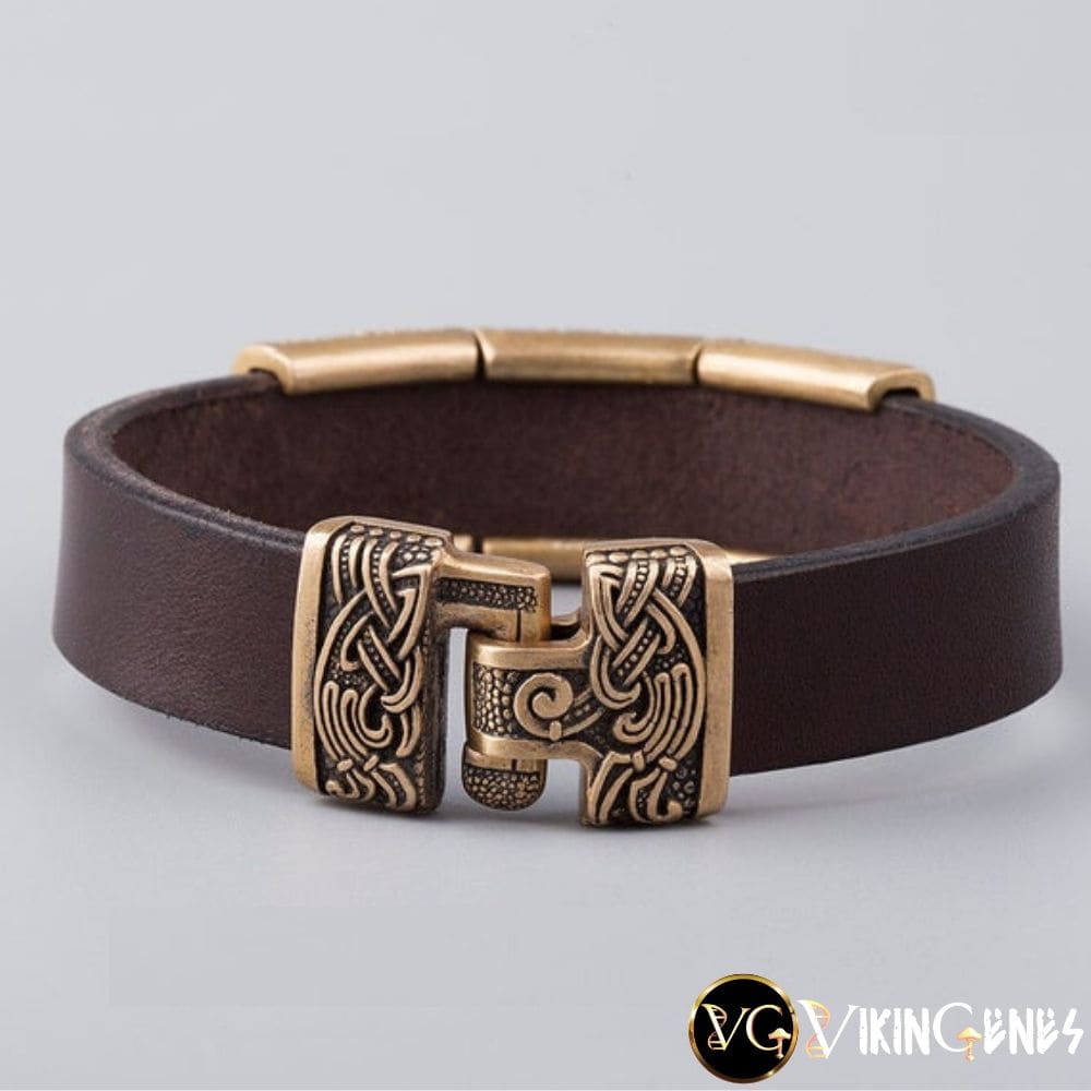 Viking Leather &amp; Bronze Helm of Awe - Mjolnir - Vegvisir bracelet