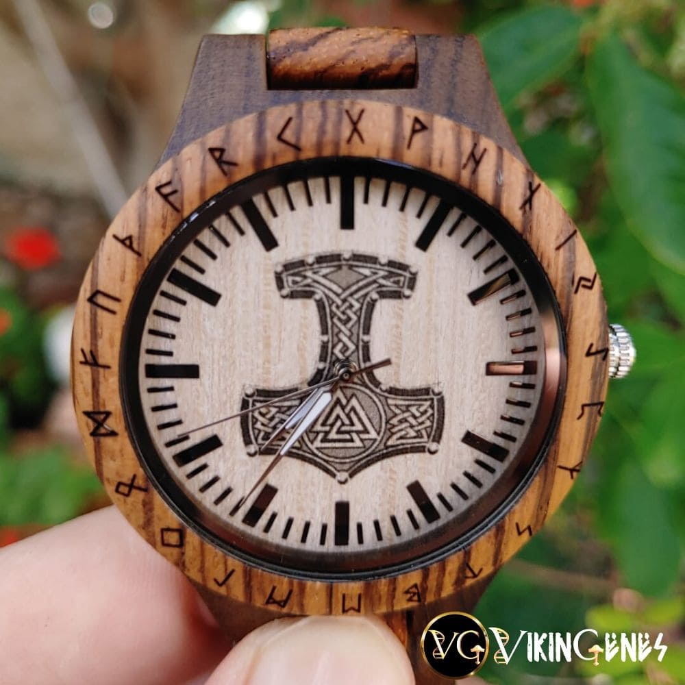 Personalized Thor&#39;s Hammer Mjölnir Handmade Wooden Watch