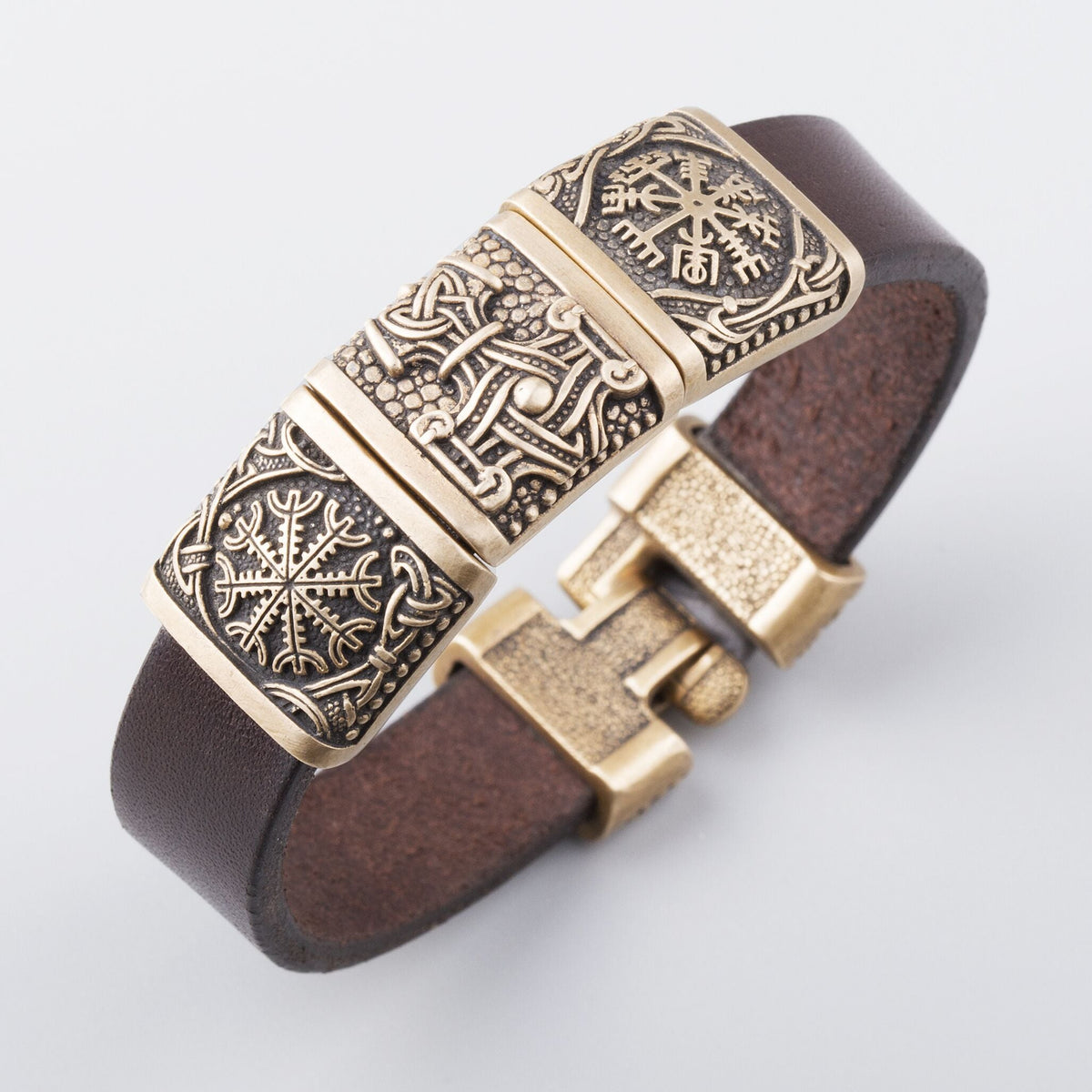 Viking Leather &amp; Bronze Helm of Awe - Mjolnir - Vegvisir bracelet