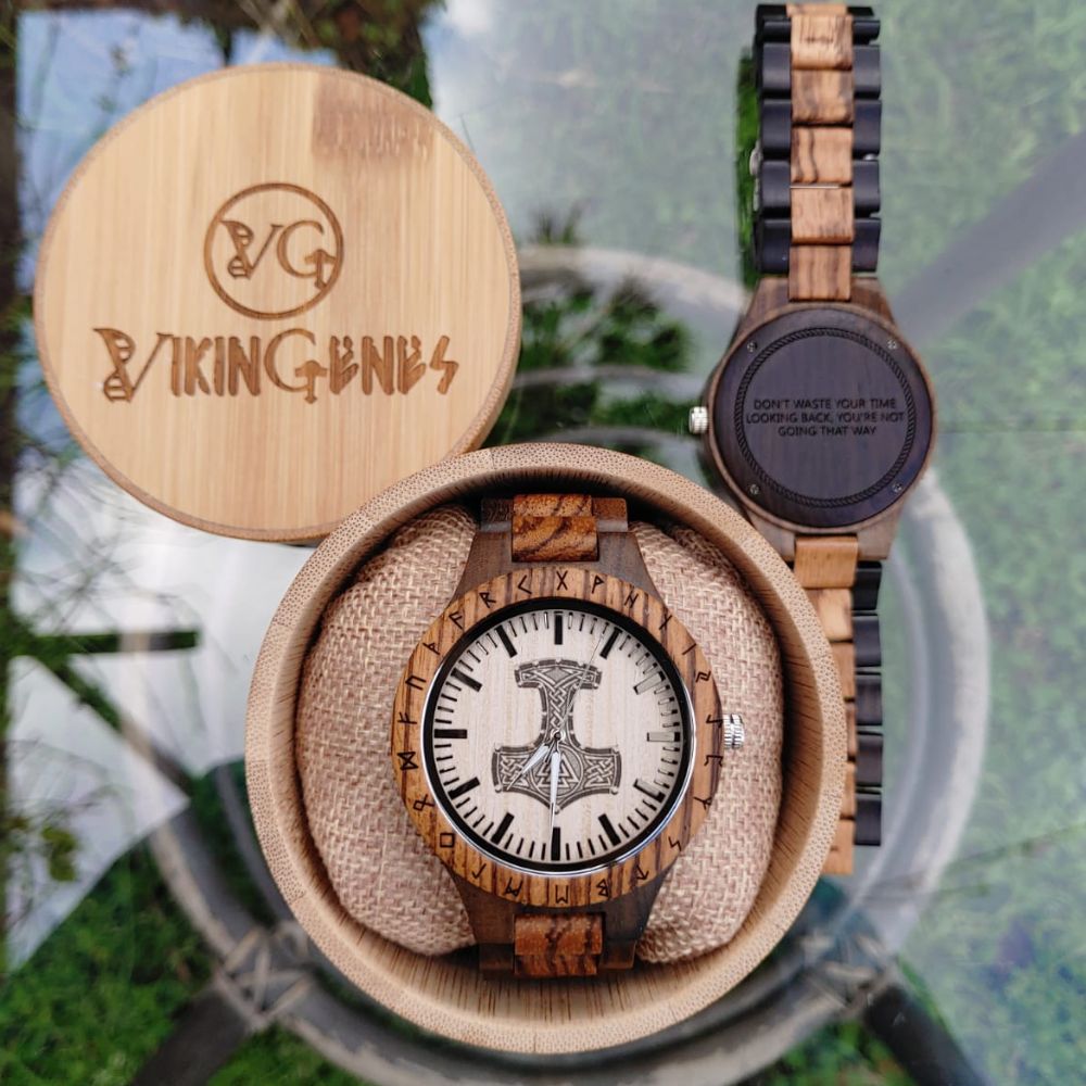 Personalized Thor&#39;s Hammer Mjölnir Handmade Wooden Watch