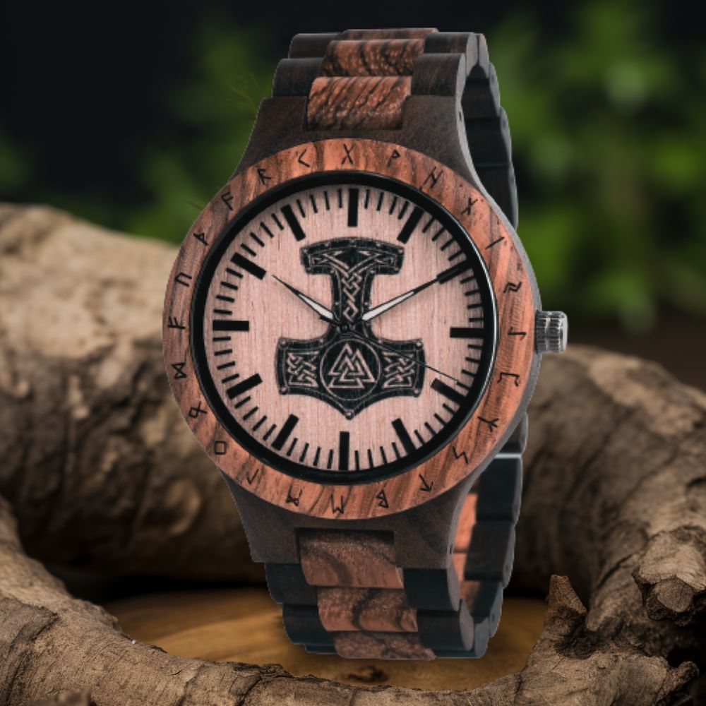 Personalized Thor&#39;s Hammer Mjölnir Handmade Wooden Watch