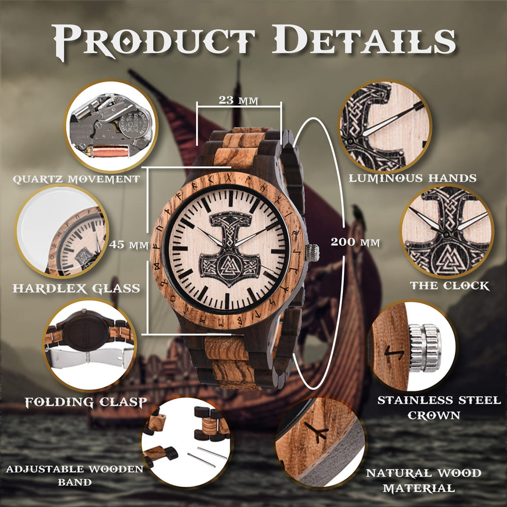 Personalized Thor&#39;s Hammer Mjölnir Handmade Wooden Watch