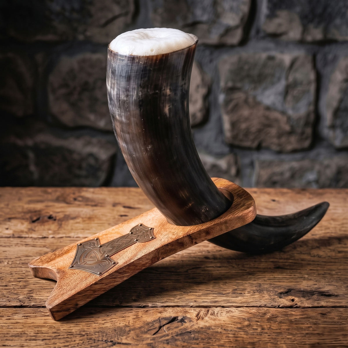 Viking Drinking Horn with Wooden Stand