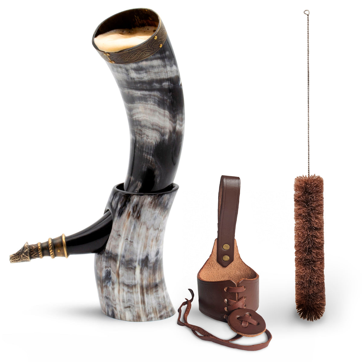 Curved Drinking Horn Bundle with Stand &amp; Holster