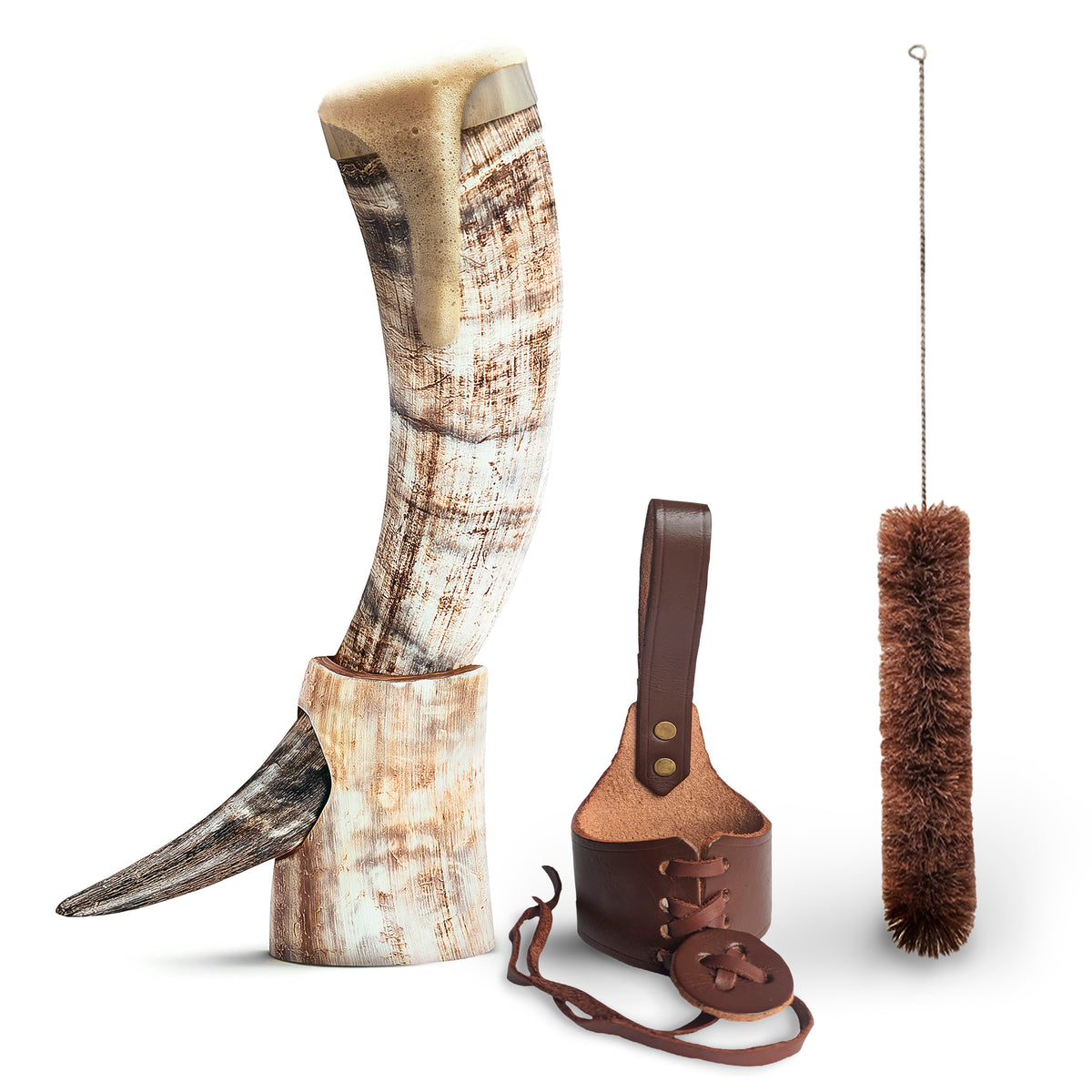 Curved Drinking Horn Bundle with Stand, Holster &amp; Cleaning Brush