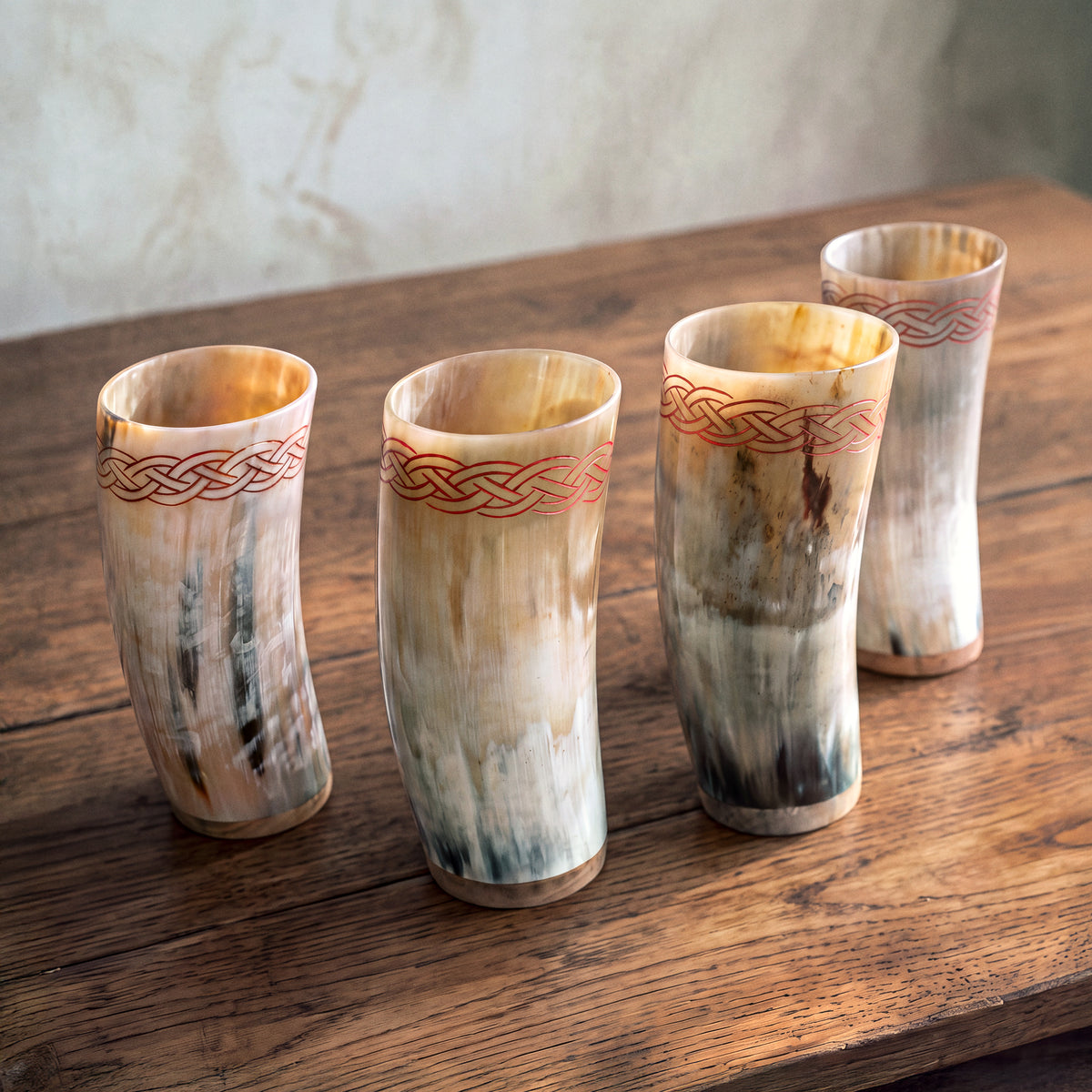 Viking Horn Cups Set of 4 – Celtic-Engraved Ox Horn